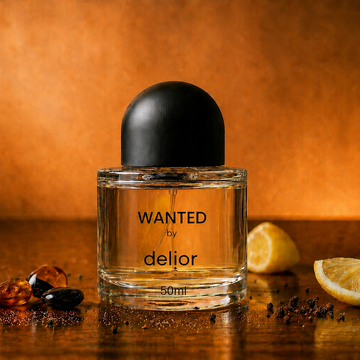 Perfume bottle labeled 'Wanted by delior' on a wooden surface with lemon slices and spices.